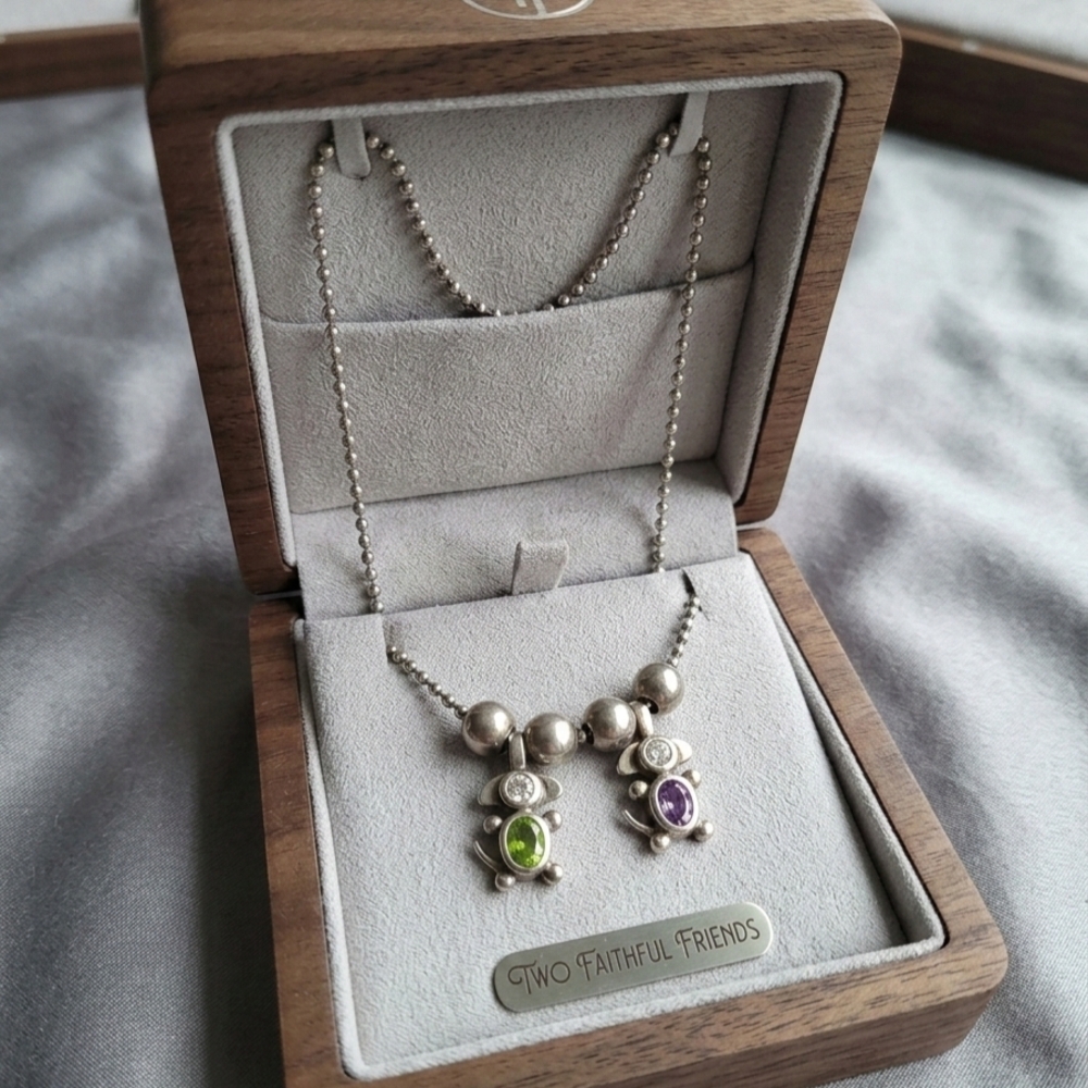 Sterling Silver Necklace with Green and Purple Dog Birthstone Charms